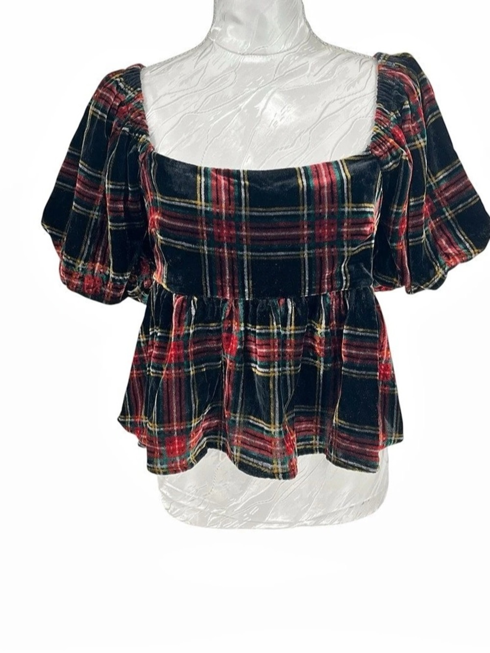 Francesca Sz M Plaid Velvet Top Bow Back Puff Sleeve Babydoll Whimsigoth Blouse